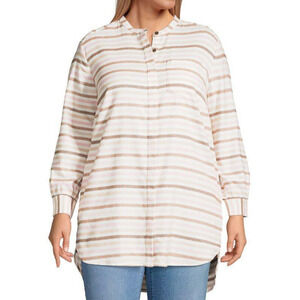 Lands' End Striped Flannel Tunic Top Plus Size XL 18 White Pink Soft Pockets